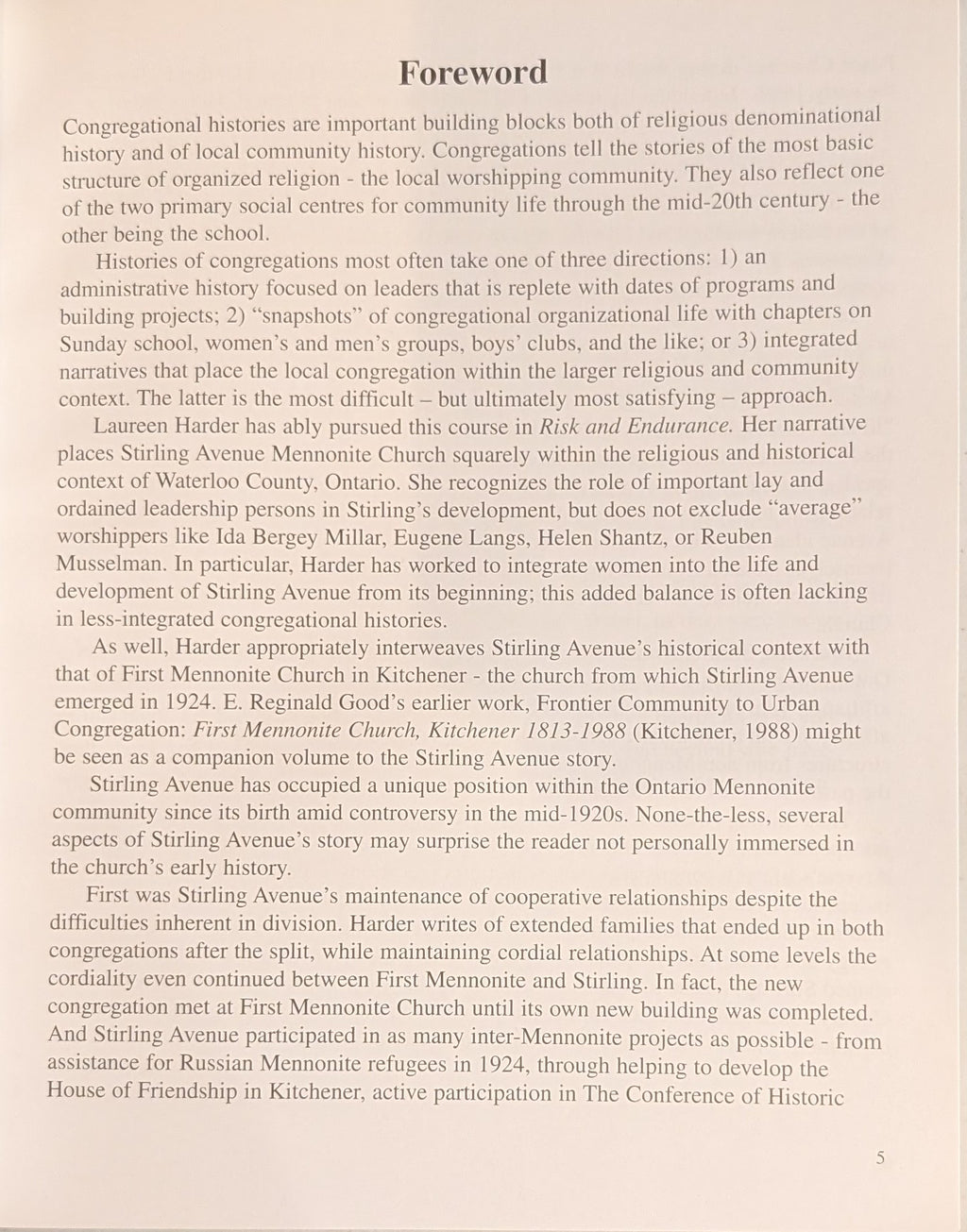 Risk and Endurance / A History of Stirling Avenue Mennonite Church