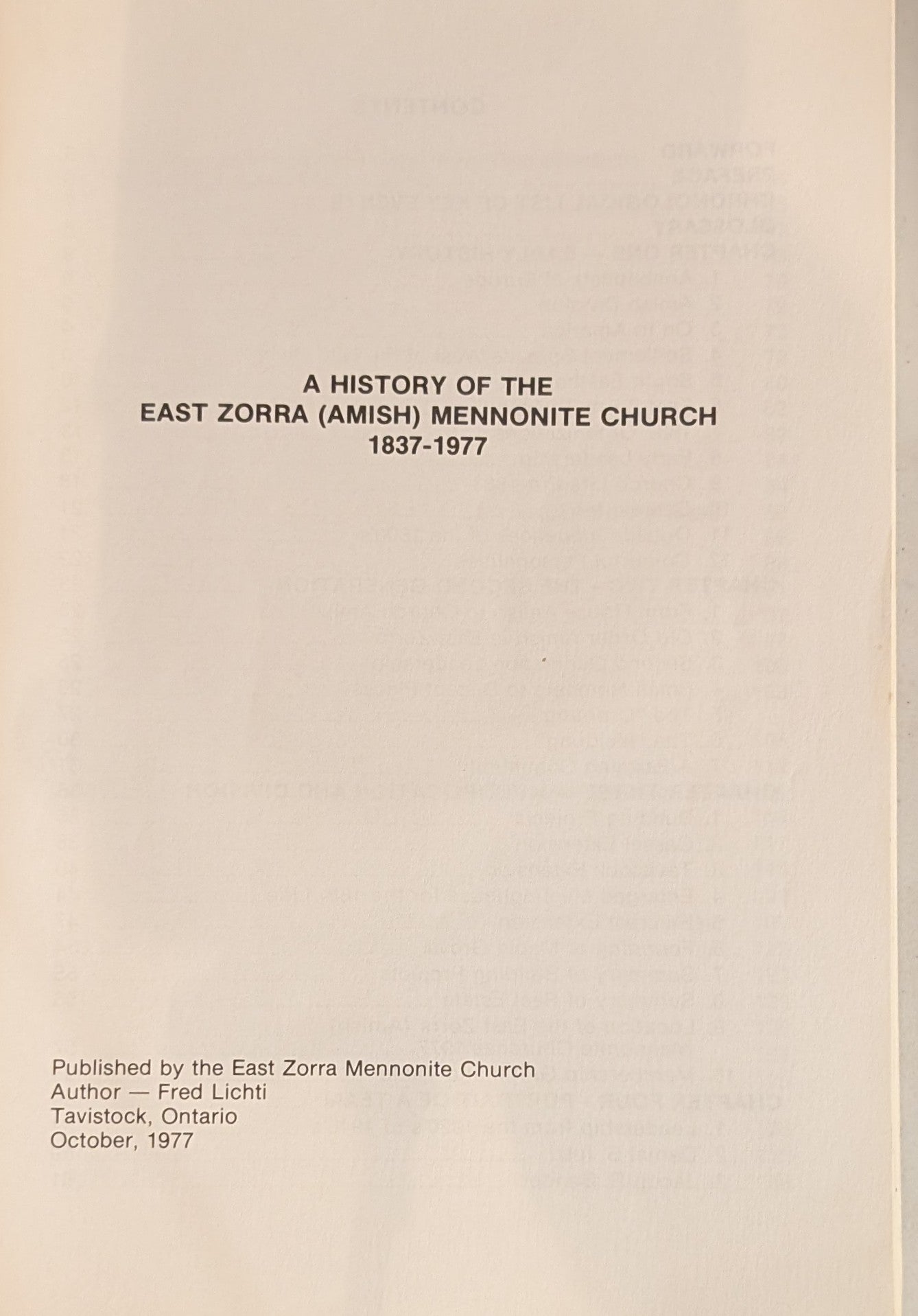A History of the East Zorra (Amish) Mennonite Church, 1837–1977